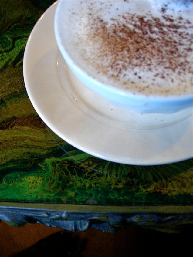 Chamomile tea, vanilla soymilk, honey, and nutmeg.