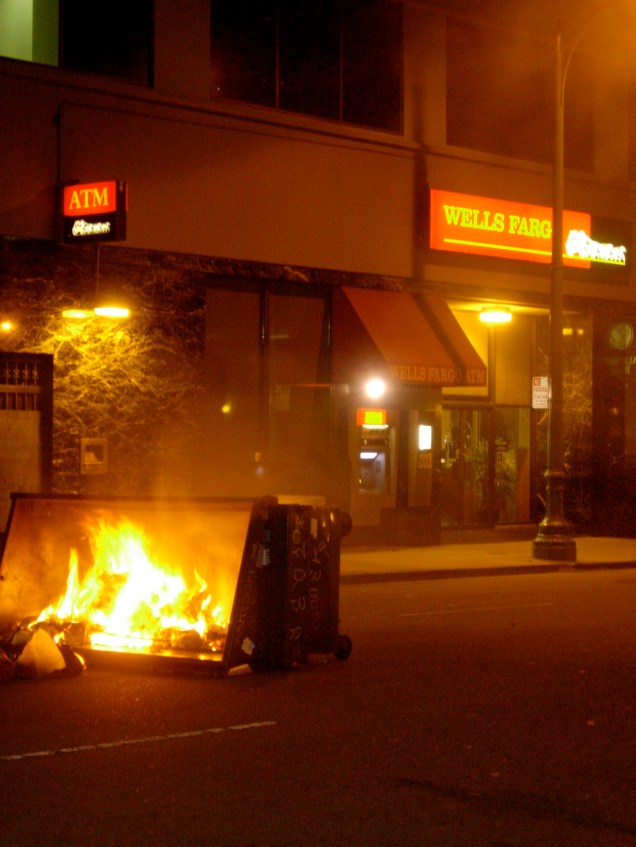 dumpster fire and smashed Wells Fargo